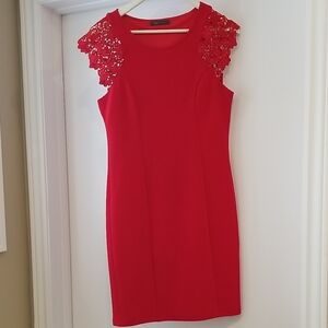 Suzy Shier Elegant Red Lace Sleeve Dress. Size M